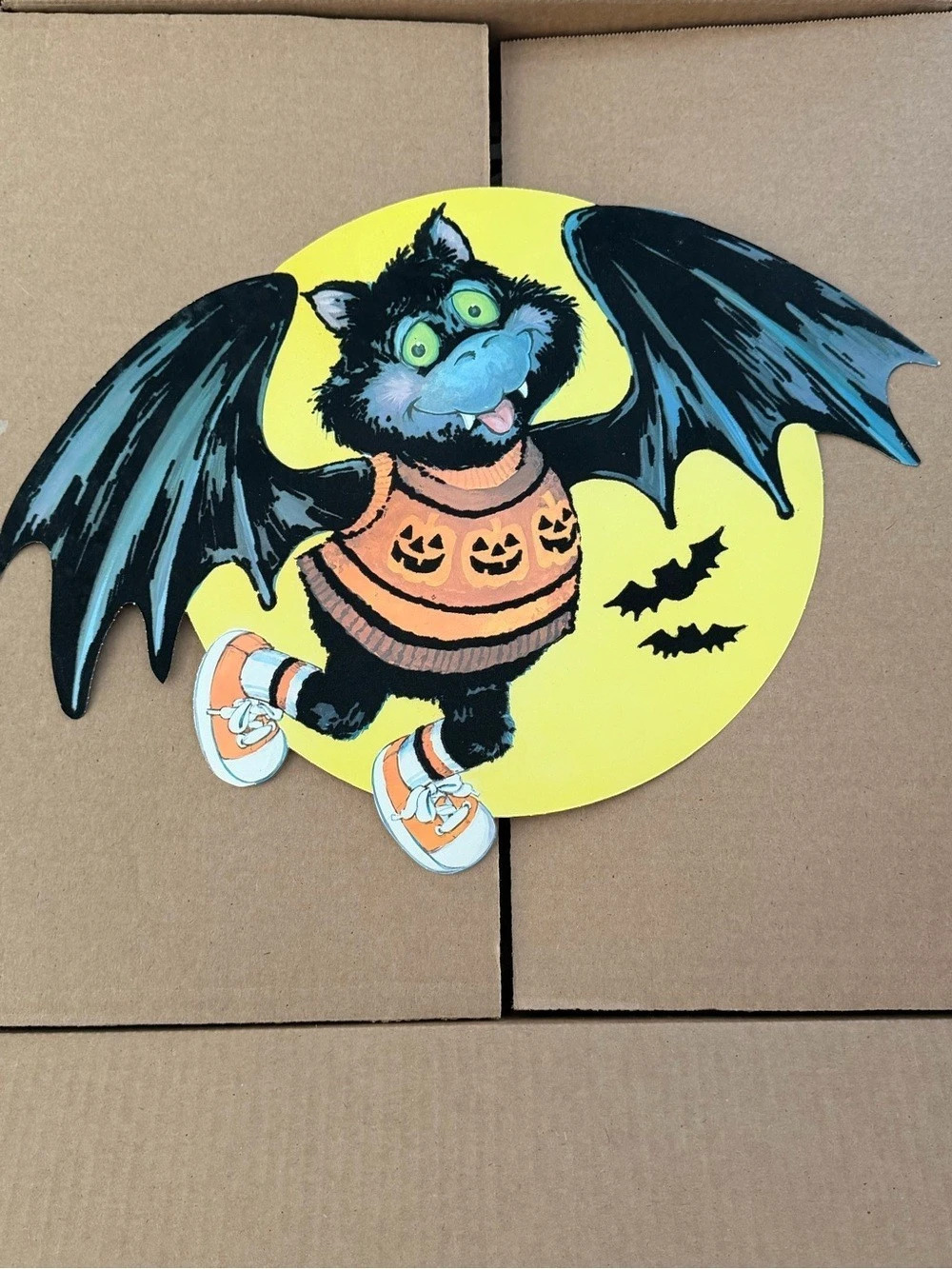 VTG 1980s Halloween Lot -Cleo Flocked Bat, Eureka Honeycomb Witch & 55" Skeleton
